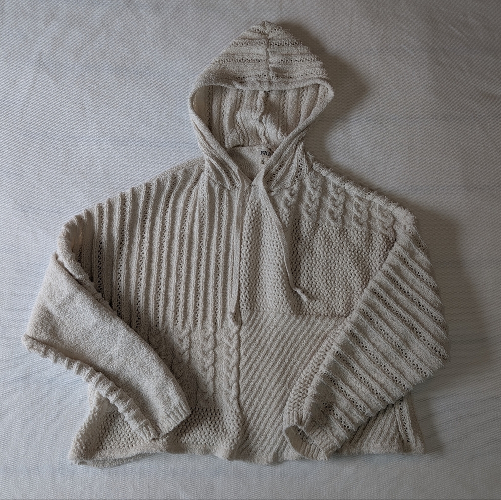 BKE Mixed Pattern Chunky Knit Hoodie Cream Small Boho Cozy